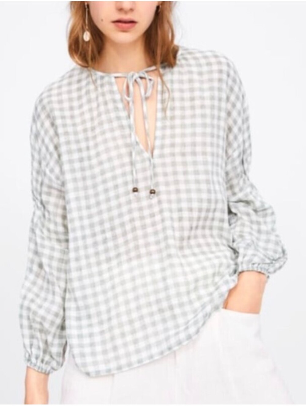 ZARA green white checkered cotton blouse sz XS